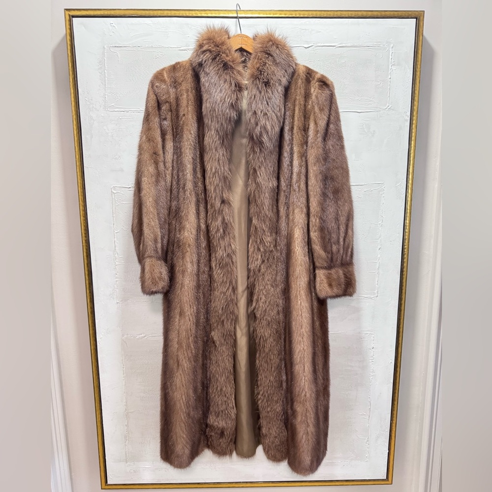 VTG Mink Fur Coat w/ Fox Collar Full Length Brown Luxury Glam Old Hollywood sz L